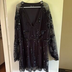 Plus Floral Sequin Wrap Skater Dress